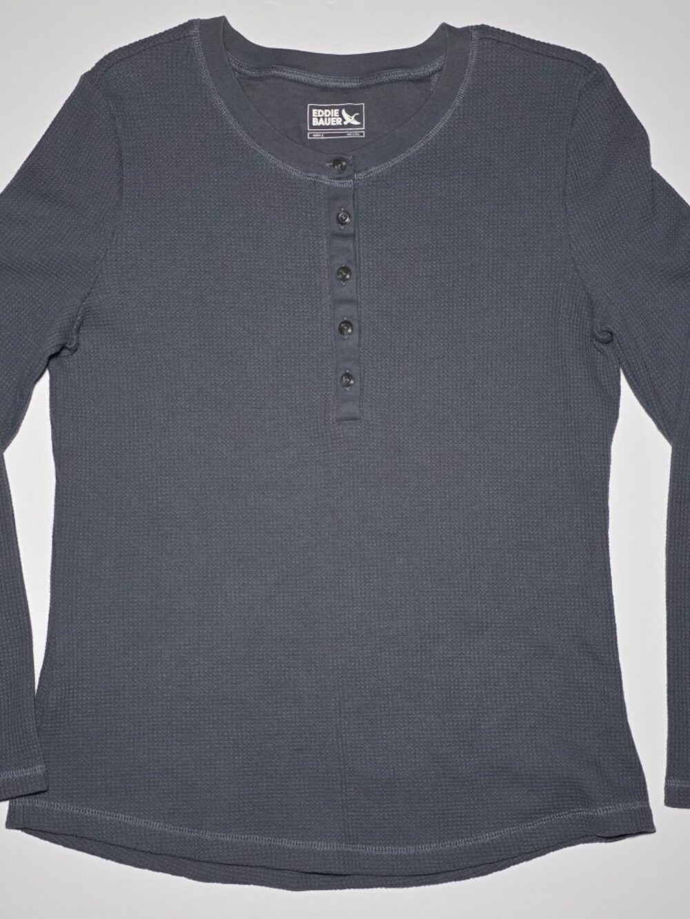 Eddier Bauer Womens Gray Waffle Knit Thermal Henley Pullover Shirt Size Large